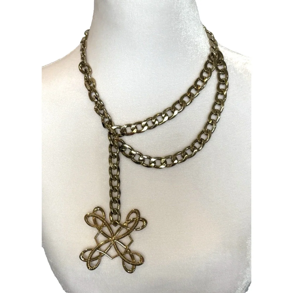 Vintage SHB Shofel Bros Necklace Statement Gold Tone Double Chain Celtic Knot 19